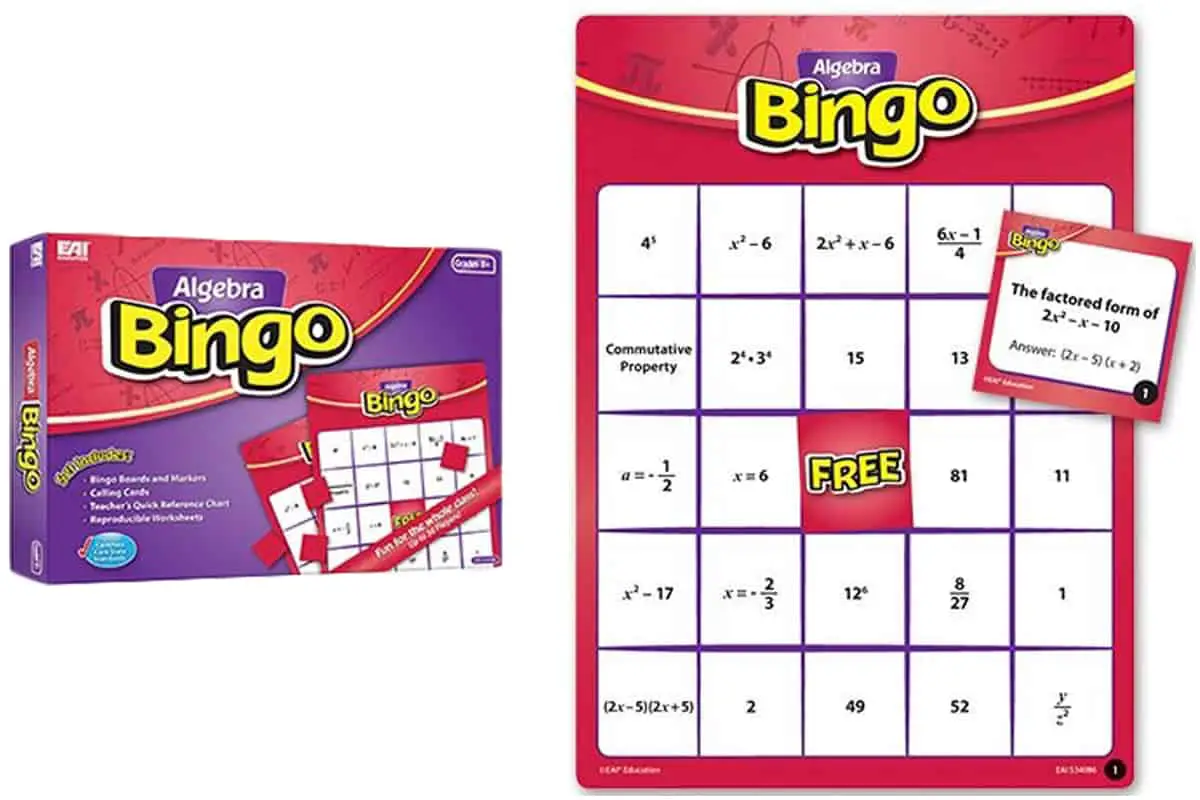 Algebra Bingo is a bingo game that reinforces algebra skills like  exponents, radicals, equations etc