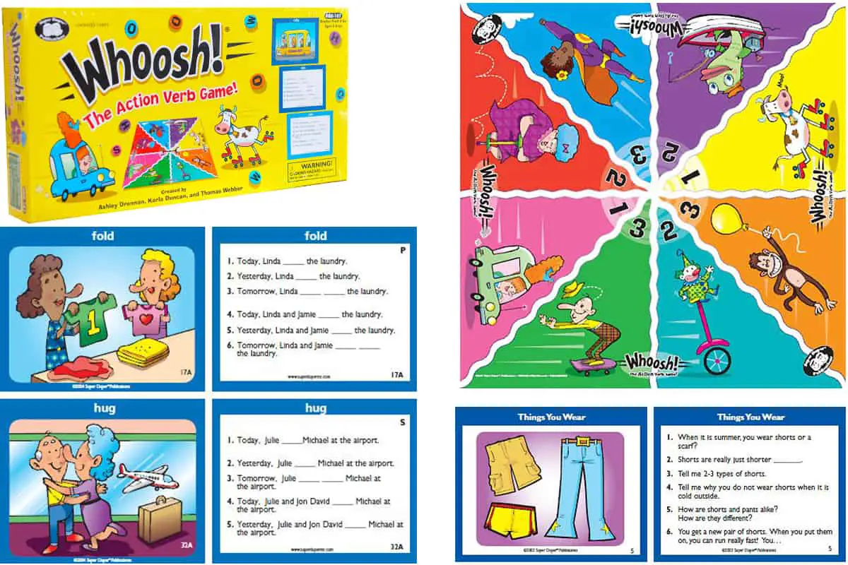 Whoosh! The Action Verb Game is a game to perfect verb skills : regular and  irregular verbs in six essential verb tenses