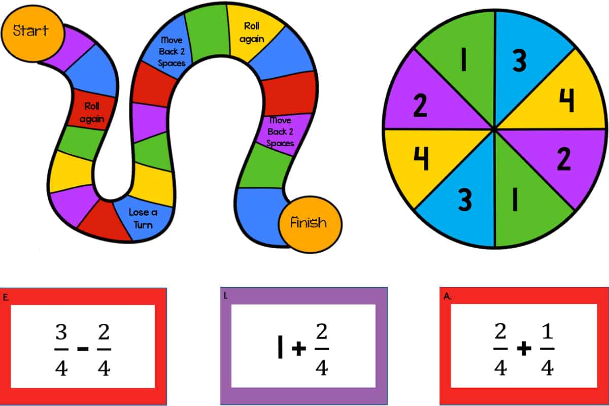 Adding and Subtracting Fractions Board Game with like denominators and mixed numbers