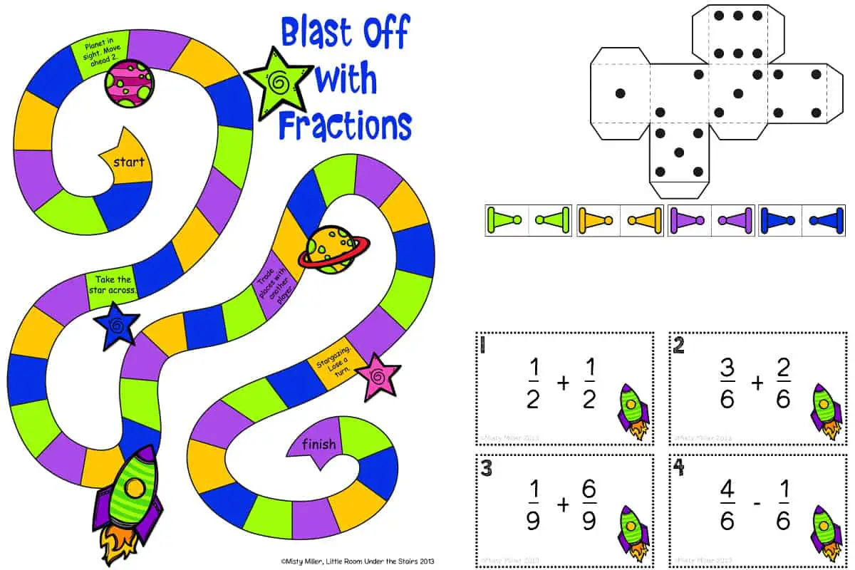 Blast Off with Fractions, a printable fraction board game to practice adding and subtracting fractions with common denominators.