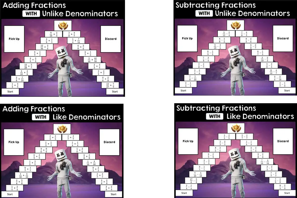 Fortnite is a board game for adding and Subtracting Fractions with like and unlike denominators. 