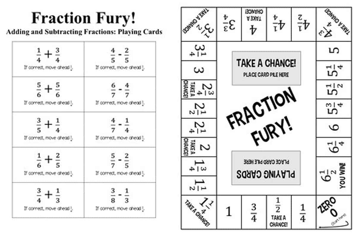 Fraction Fury, an adding and subracting fractions board game with mixed numbers, like and unlike denominators