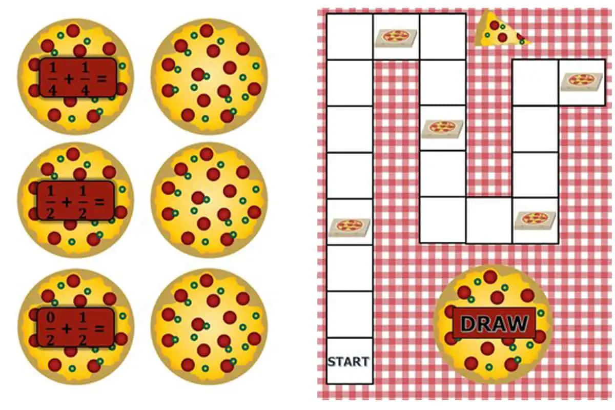 Pizza Fractions Board Game, a board game to reinforce adding and subtracting fractions with common denominators.