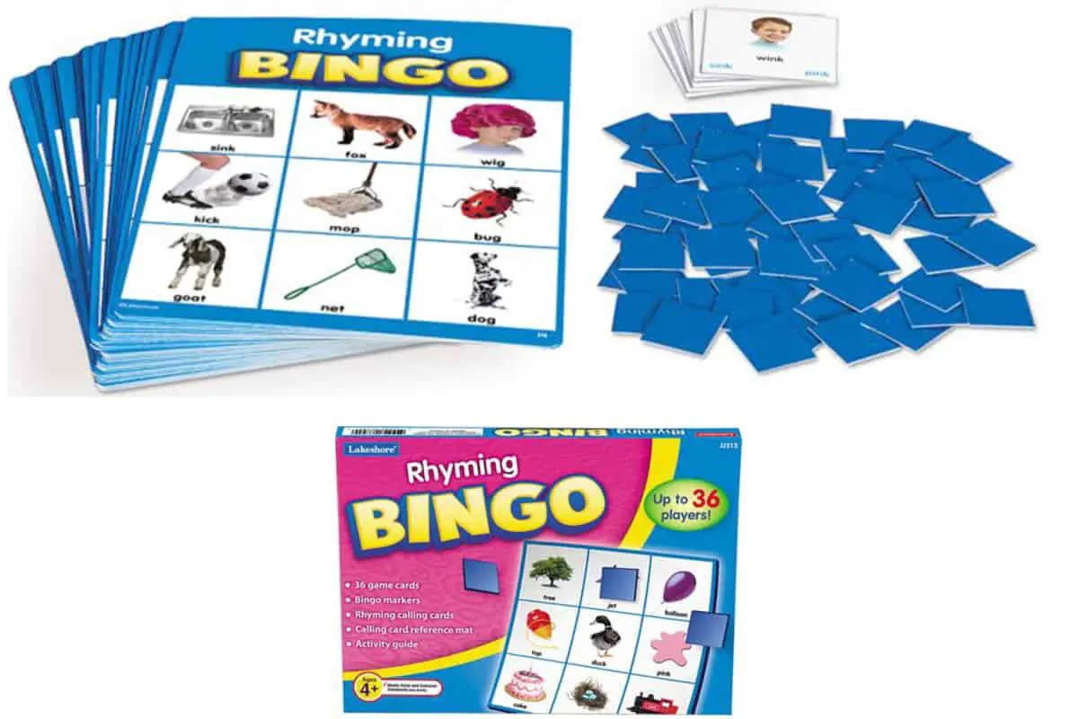 Rhyming Bingo (Lakeshore), a super fun game to engage kids with rhyming sounds