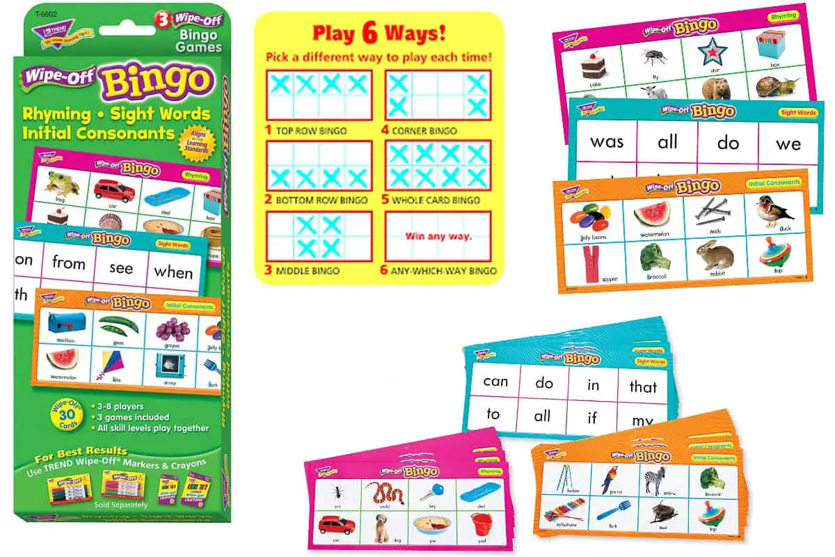 Wipe-Off Bingo (Trend), a bingo game to learn initial consonant sounds, 36 sight words, and 15 rhyming word pairs