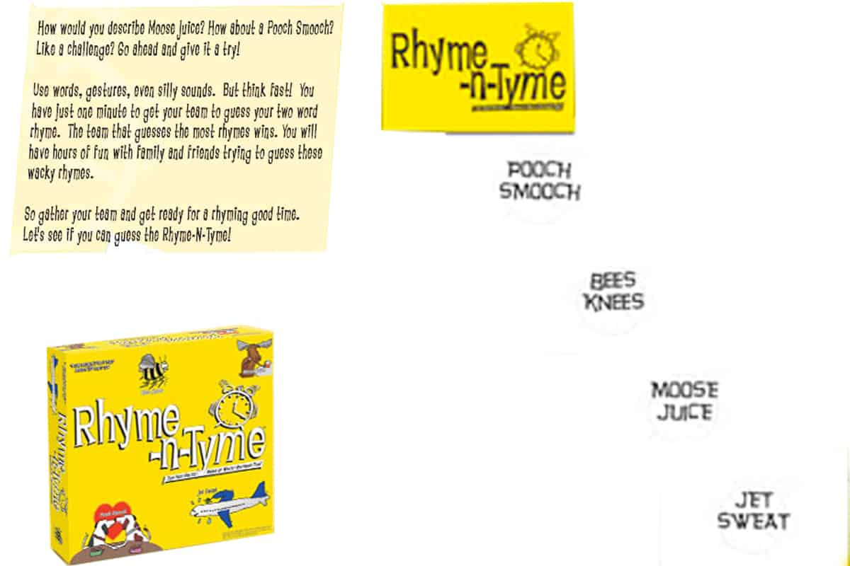 Rhyme-n-Tyme, a card game that teaches how to rhyme. it also develops team building and cooperation.