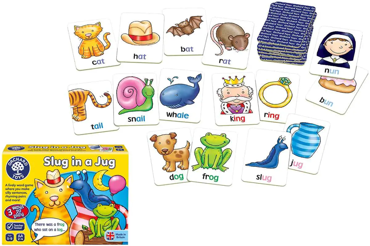 Slug in a Jug, a livelly card game to develop language skills and practice basic reading. It includes silly sentences, find the rhyme or rhyming pairs. 
