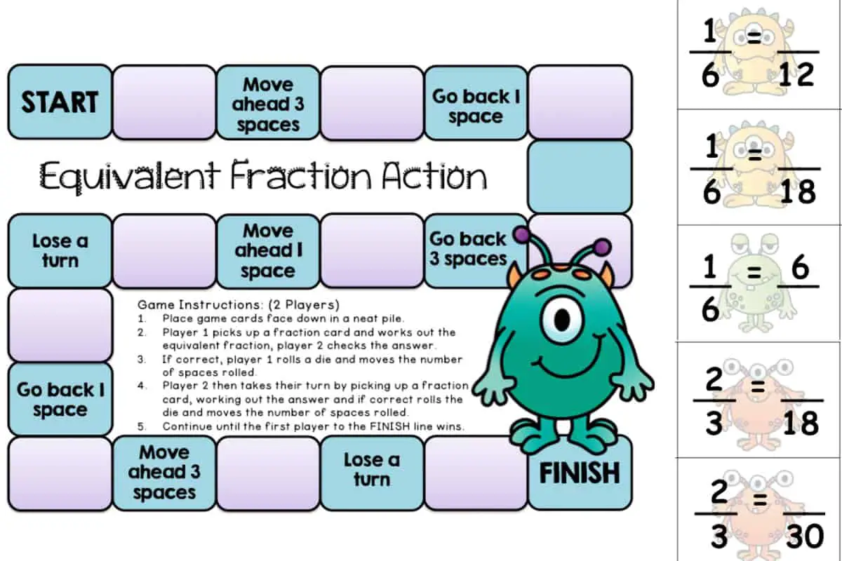 Equivalent Fractions Board Game that helps children multiply fractions by common factors.