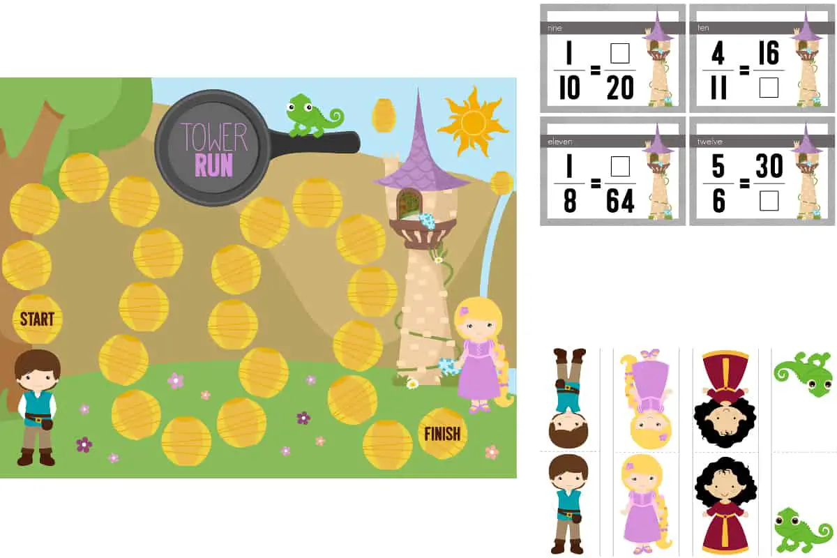 Equivalent Fractions Rapunzel Themed Game, a board game to identify equivalent fractions.