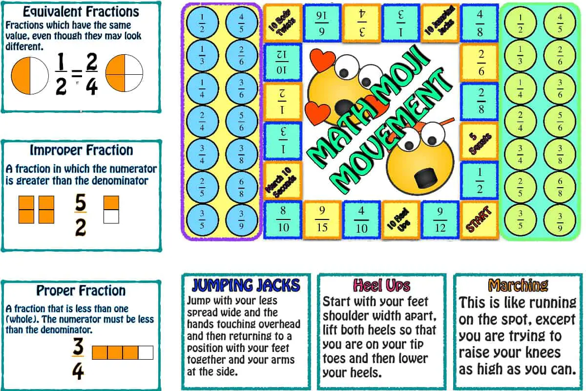 Math Moji Body Movement, an equivalent fractions board game