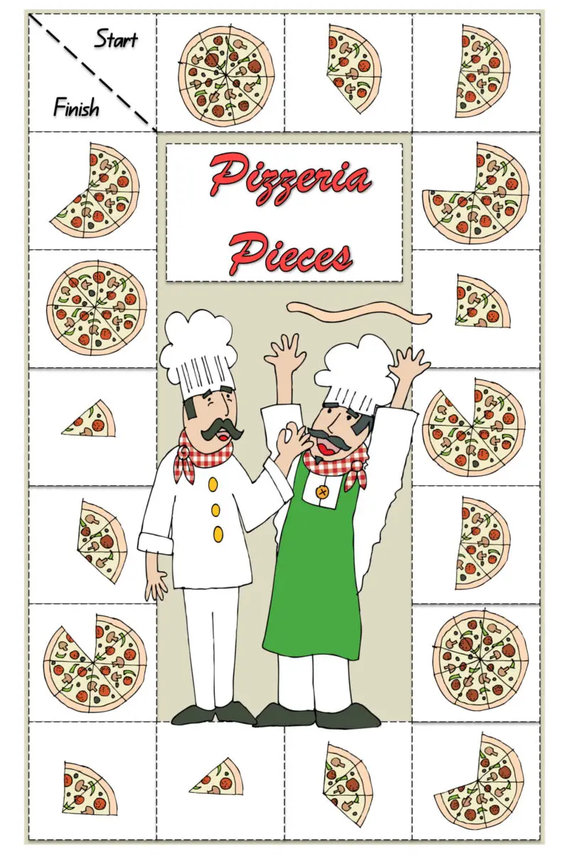 Pizzeria Pieces Fraction Game, a simple and colorful board game for identifying fractions.