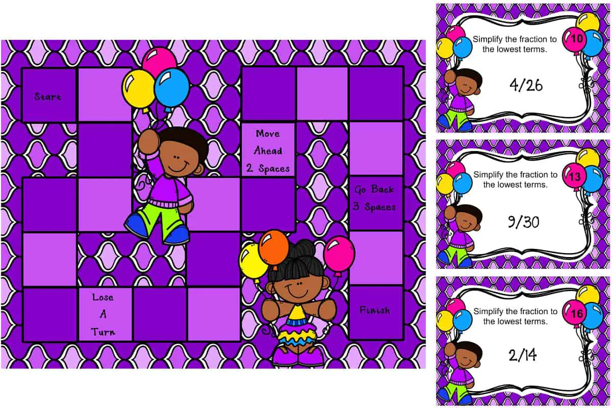 Simplifying Fractions Board Game, a colorful board that helps kids practice simplifying fractions.