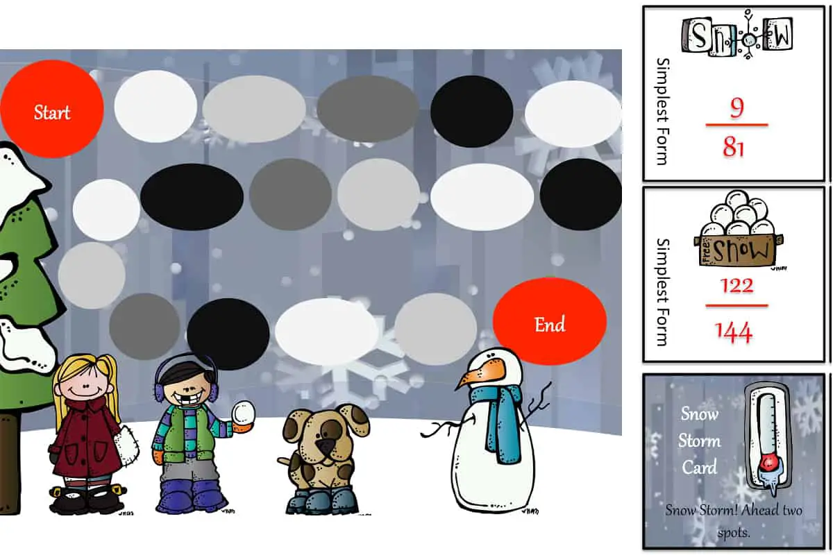 Simplifying Fractions Board Game, a colorful game to learn simplifying fractions.