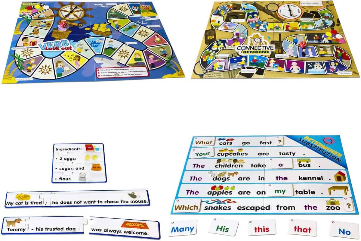 Six Grammar Games is a collection of 6 building sentences games that includes two board games, two matching games and 14 sentence puzzles.