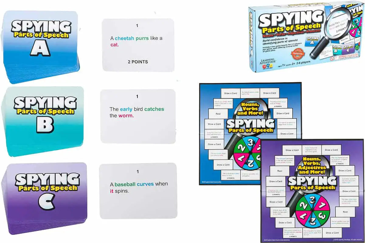 Spying Parts of Speech, is a fun game that helps children learn nouns, verbs, adjectives and pronouns.