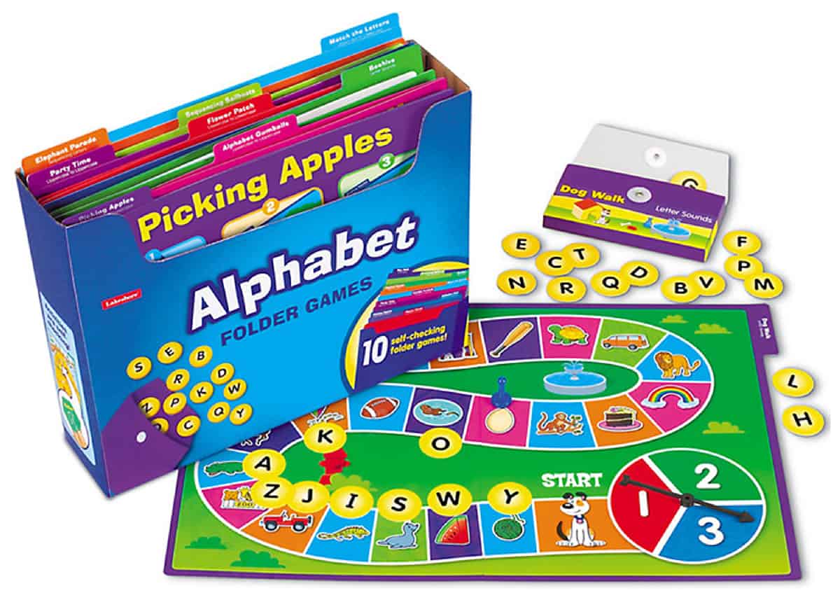 Alphabet Folder Game Library is a board game for alphabet recognition and letter sounds.