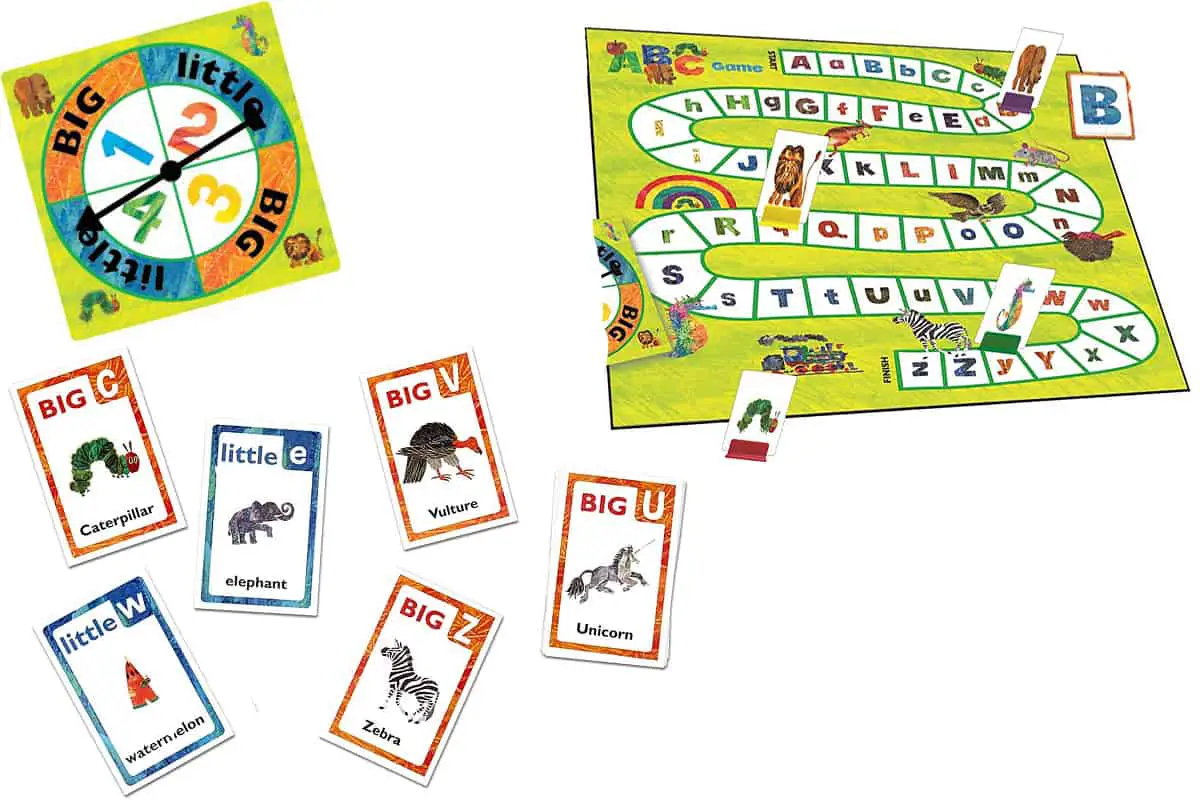 The Very Hungry Caterpillar Spin and Seek ABC is a board game to teach children uppercase and lowercase letters.
