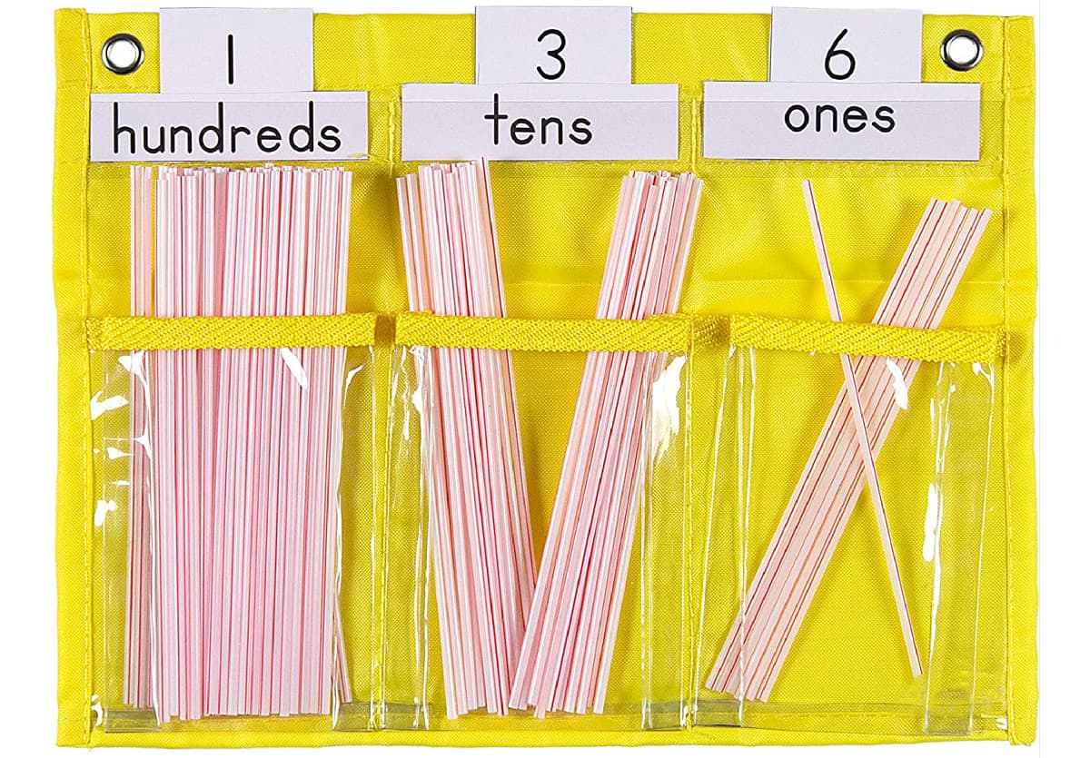 Counting Straws Pocket Chart (Carson Dellosa Publishing) is a game to teach place values with 3 digits.