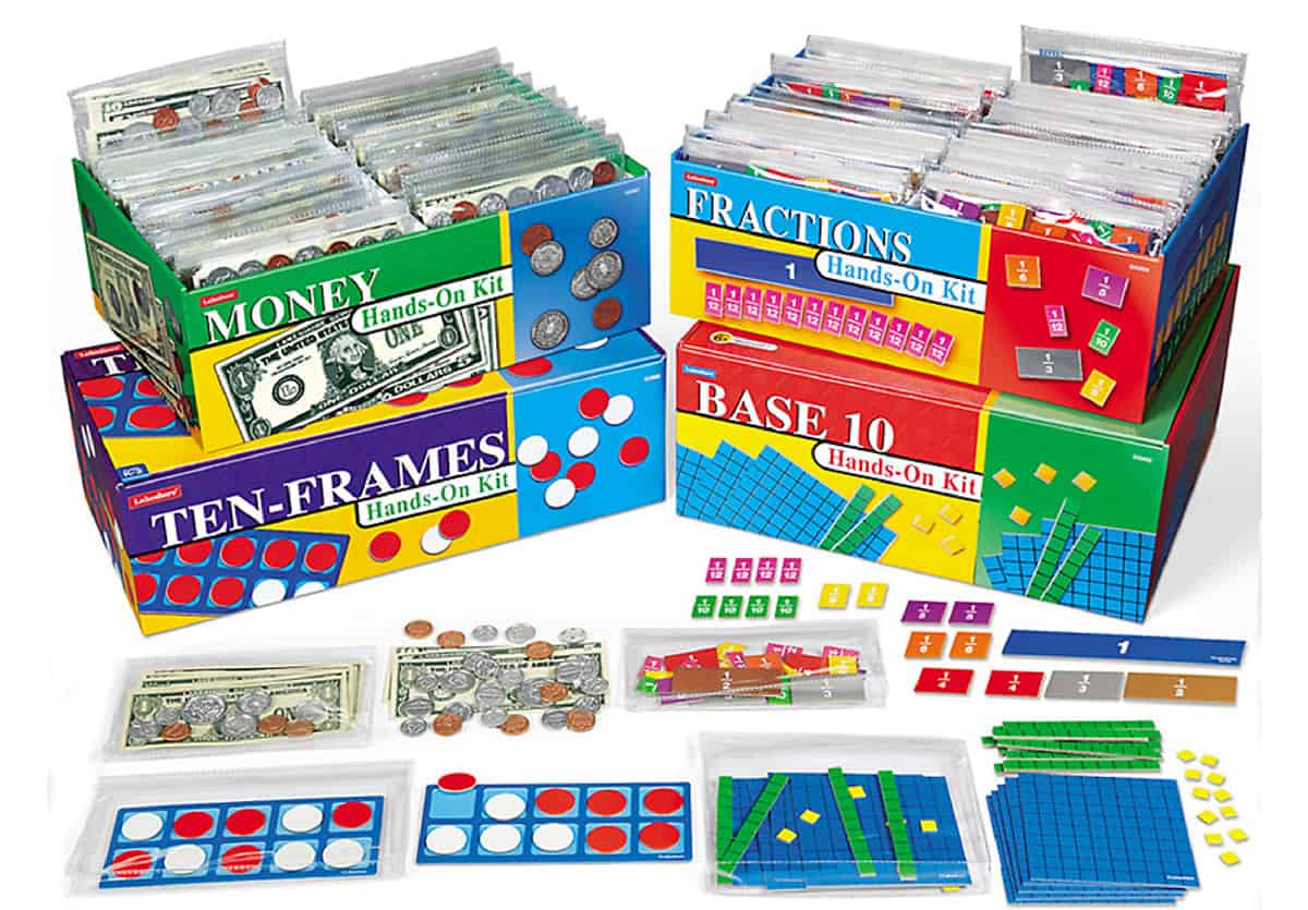 Hands-On Math Teaching Kits (Lakeshore Learning), a game to study place values, fraction and money.