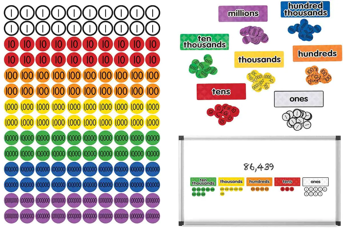 Magnetic Place Value Disks and Headings (Dowling Magnets), a game to practice place values up to millions.