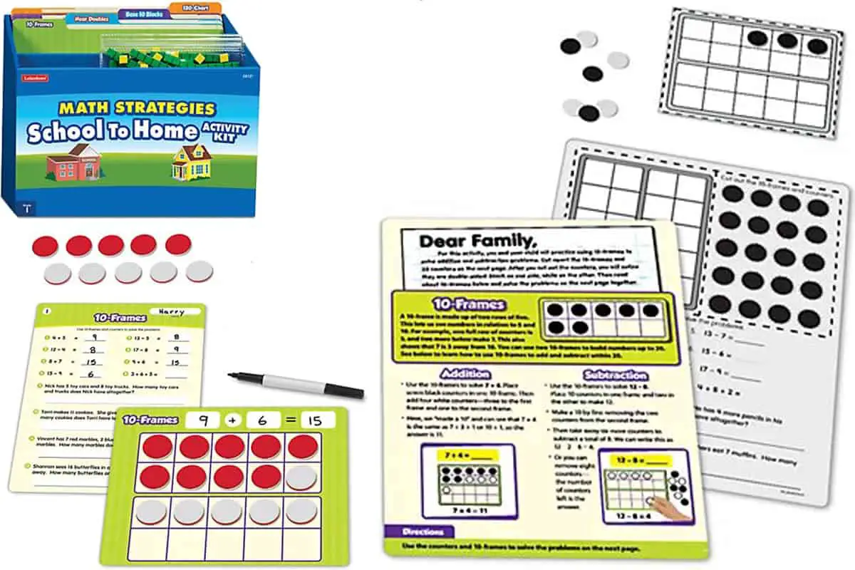 Math Strategies School to Home Activity Kit (Lakeshore Learning) is game to practice place value concepts, addition and subtraction.