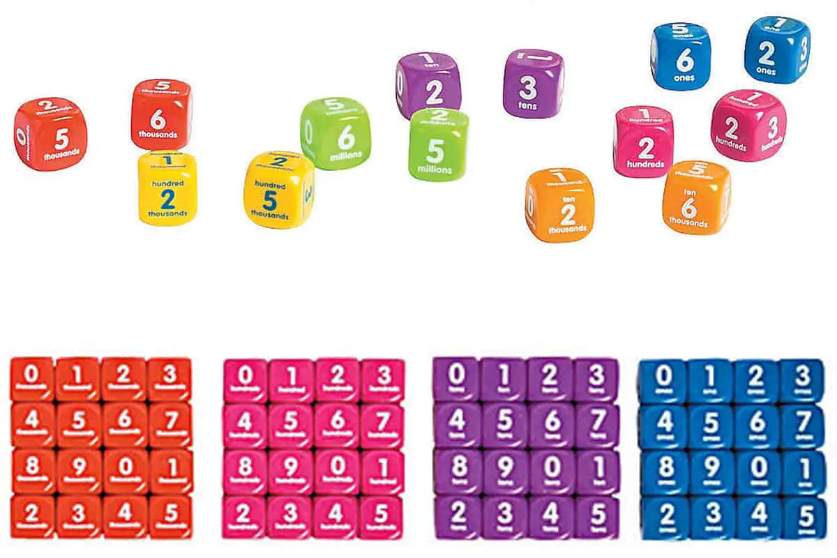 Place Value Dice (Oriental Trading), a game that helps understand place values up to 7 digits.