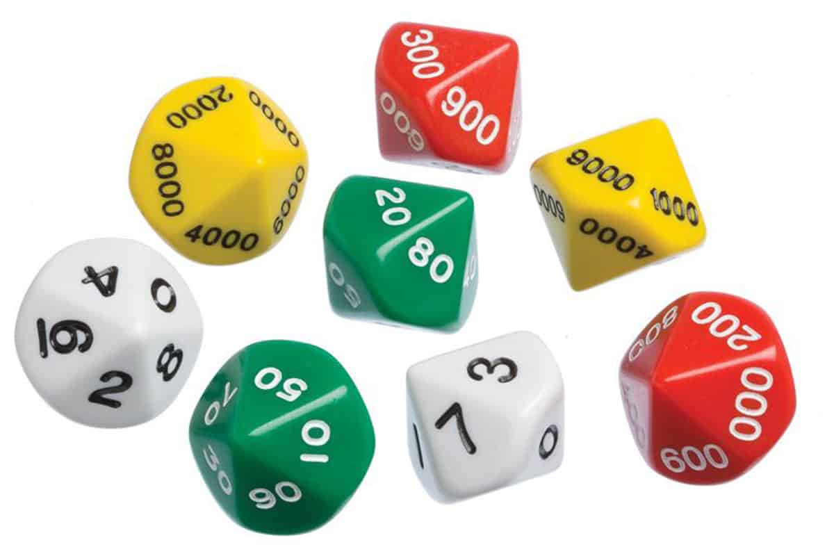 Place Value Dice Set (Didax), a game that helps children study place values with 4 digits.