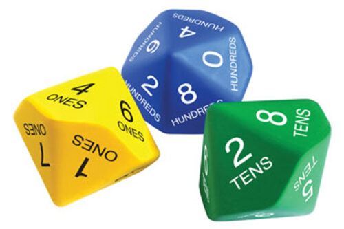 New Set of 3 Place Value Dice Tenths to Thousandths In Primary Colors 