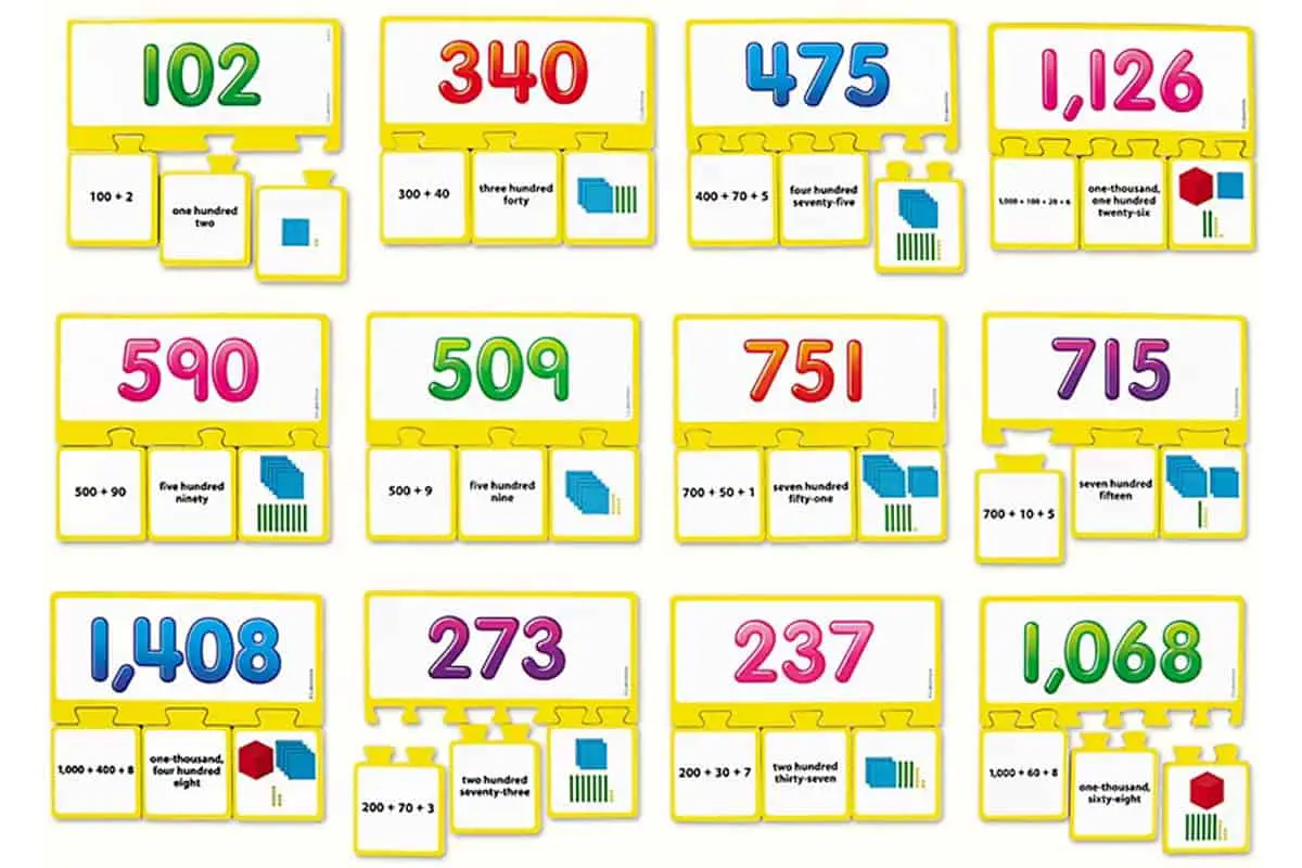 Place Value Equivalency Puzzles (Lakeshore Learning) to practice place value to the thousands…in 4 different ways.