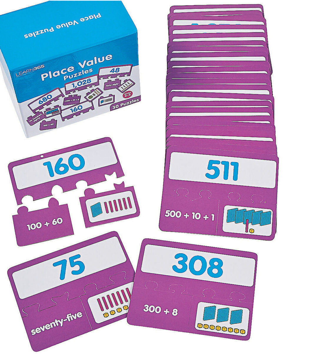 Self-Checking Place Value Puzzles (Oriental Trading) help students learn the expanded form, word form and base 10 of a number.