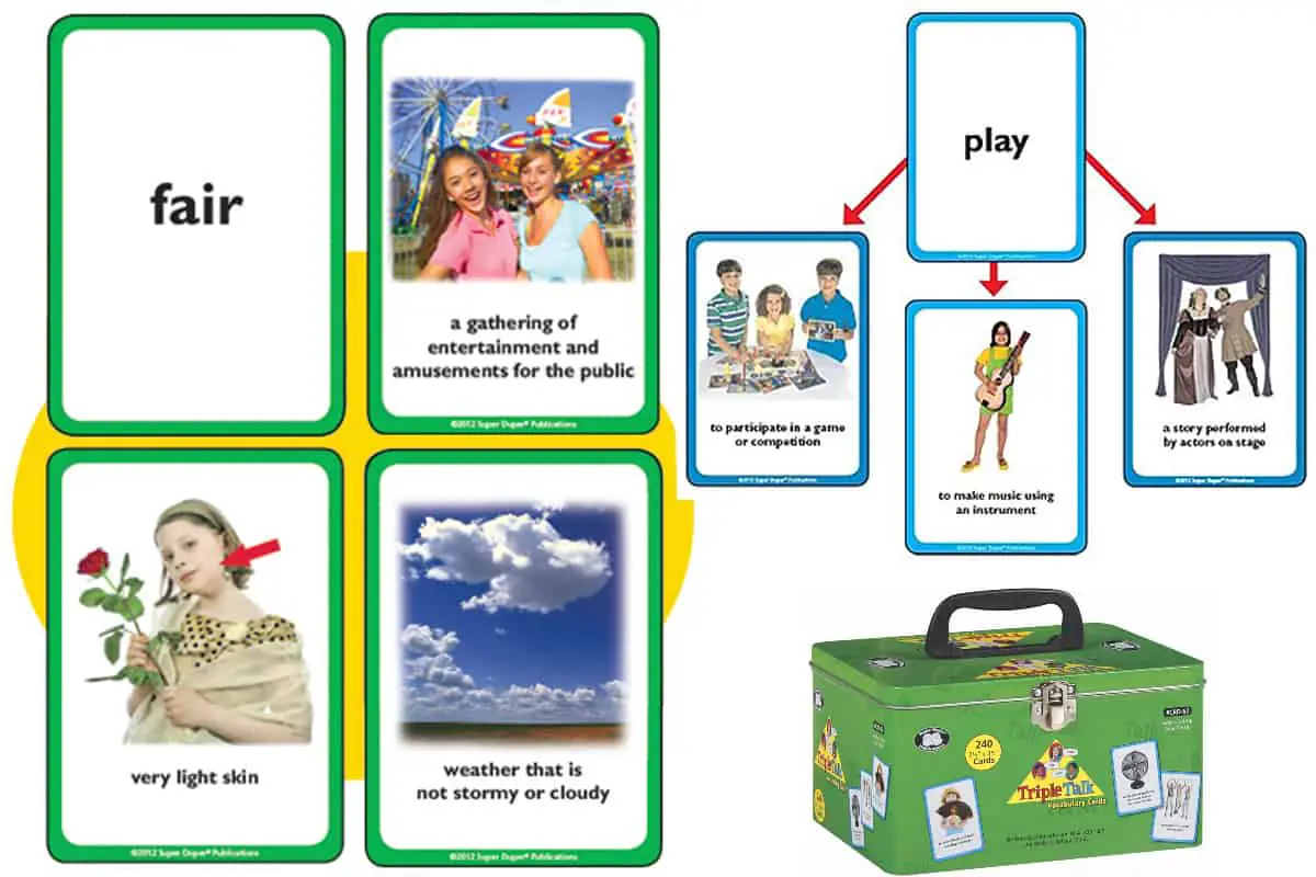 Triple Talk Vocabulary Cards (Super Duper Inc) is a matching game that helps kids distinguish words that may have different meanings based on their context.