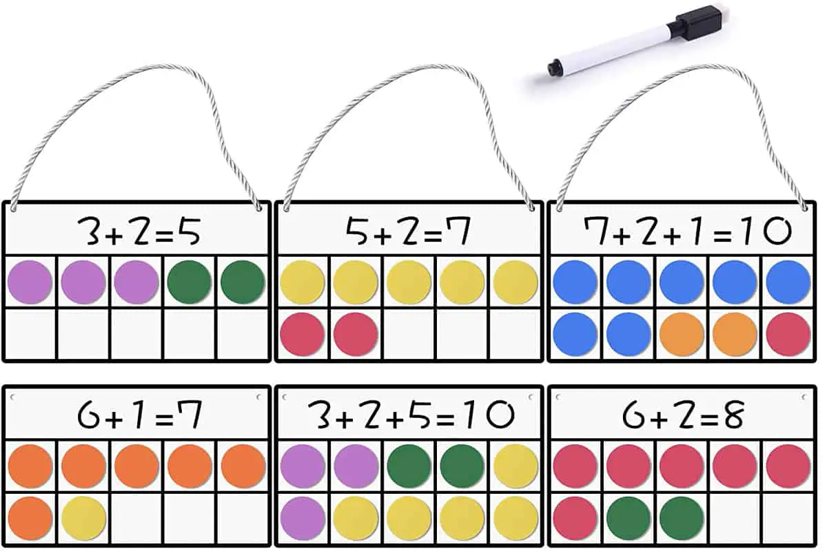 Ten Frame Set with Counters (Leirs) is  game to develop math skills including counting, make 10, addition, and subtraction.