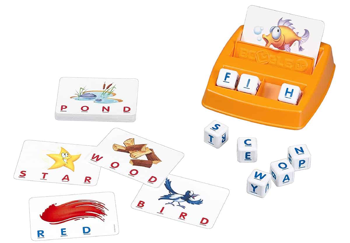 Boggle Junior (Hasbro) is a word game that helps preschoolers improve letter and word recognition, matching, spelling, and memory.