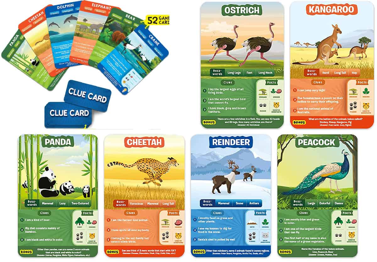 Guess in 10: Animal Planet (Skillmatics)  is a quiz card game that teaches children general knowledge about different animals.