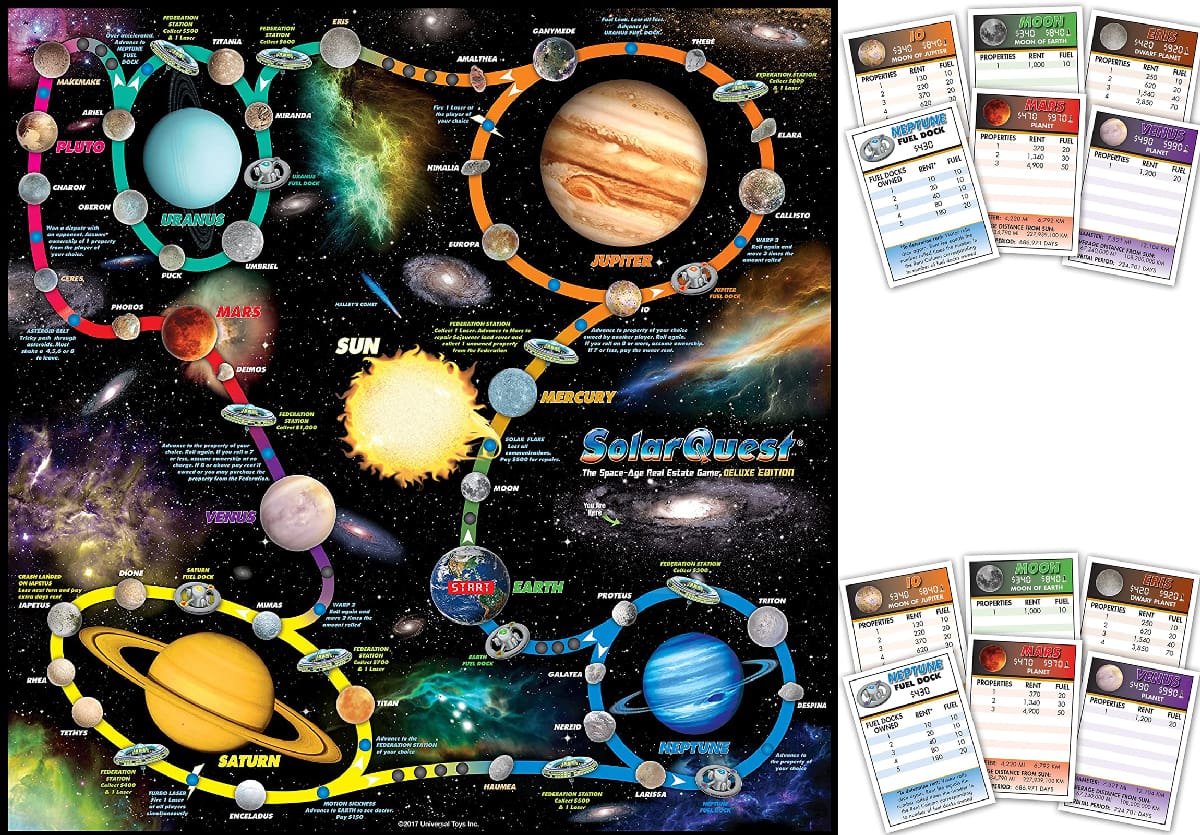 Solar Quest (Universal Toys) is a space-age real estate trading board game.