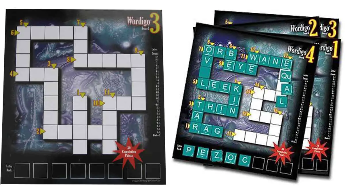 Wordigo (River Edge Game Company) is a spelling and crossword puzzle game.
