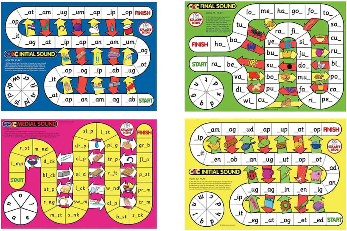 CVC Spelling is a board game for teaching three-letter short vowel words and beginning and ending consonant blends.