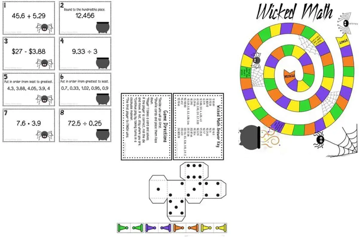 Halloween Decimals Board Game, a spider-web-themed gameboard for solving decimal problems.