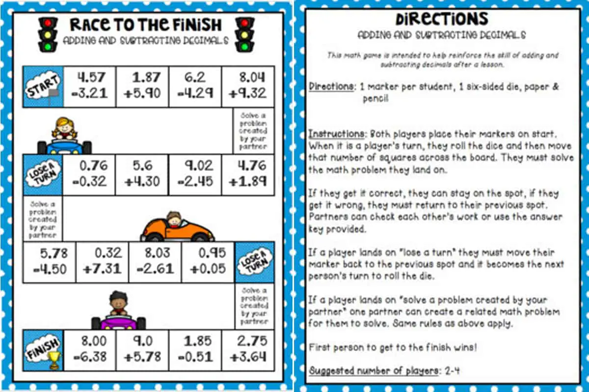 10 Printable Decimal Board Games for 4th-7th Graders