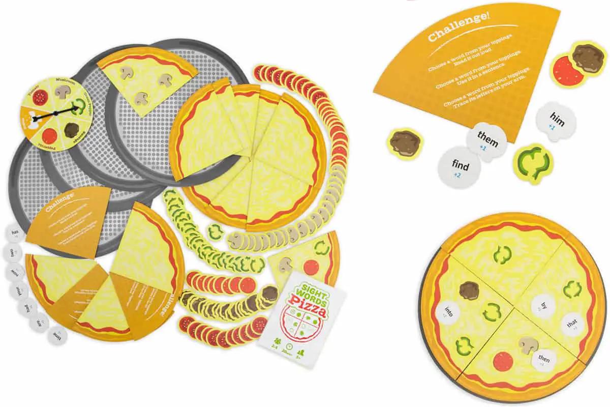 Sight Words Pizza is a pizza-shaped board game to learn sight words.