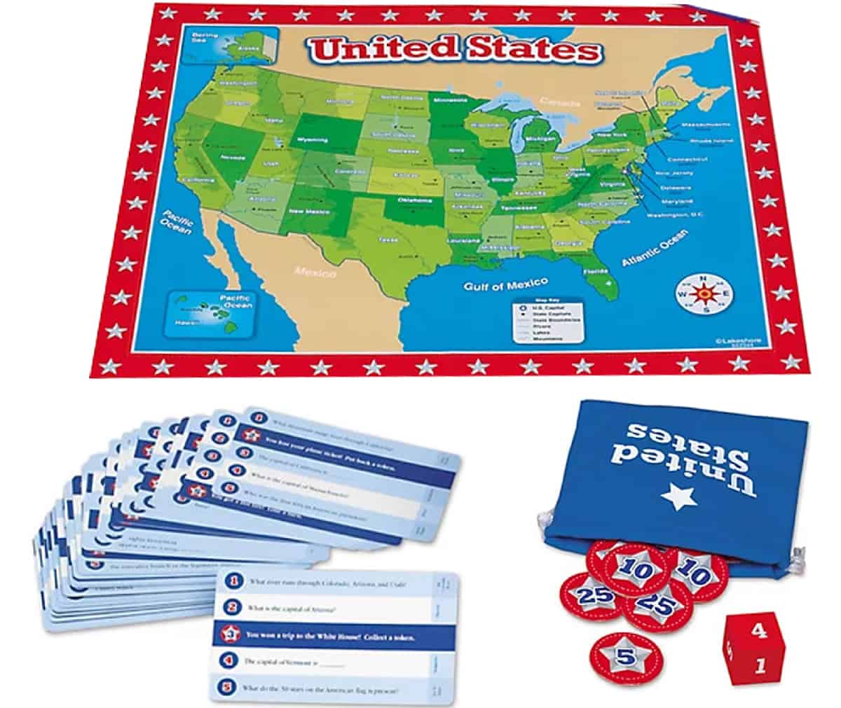 United States is a board game to learn and explore the history and geography of the USA.