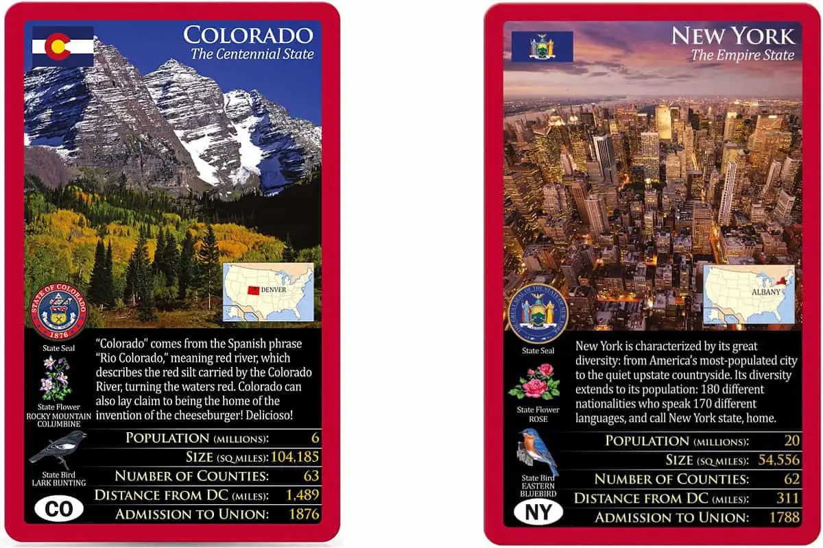 United States is a card game  features all fifty states in the US, with amazing facts, stats, state birds, flowers and capitals.