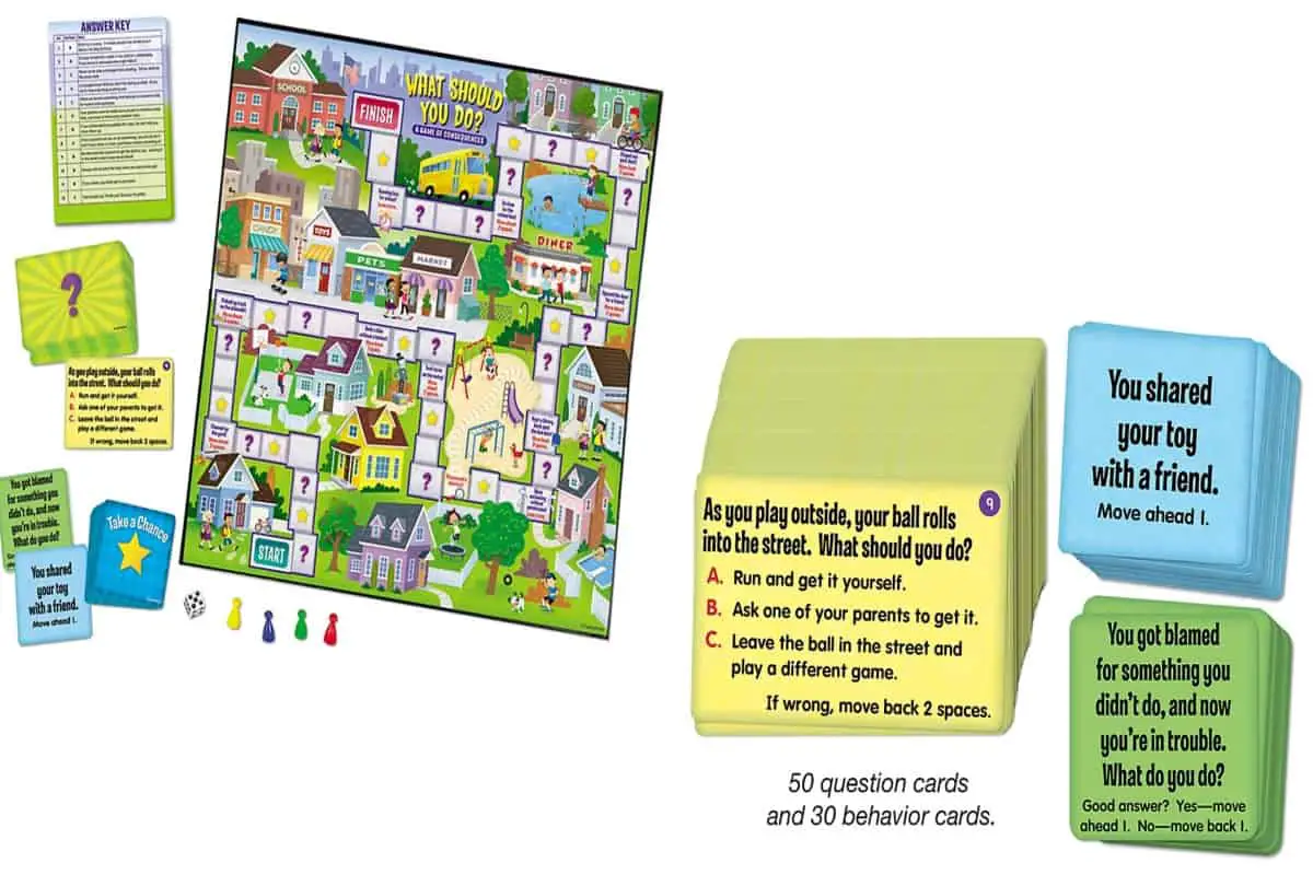 What Should You Do? (Lakeshore Learning) is a fun board game that teaches children about taking responsibility for their actions and decisions.