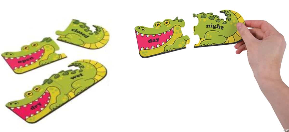 Antonyms Self-Checking Puzzles (Oriental Trading) is  a fun crocodile-shaped puzzle game to teach opposites.