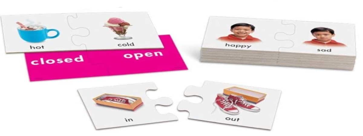Opposites (Trend Enterprises) is a puzzle game that teaches word recognition and helps develop observation skills.