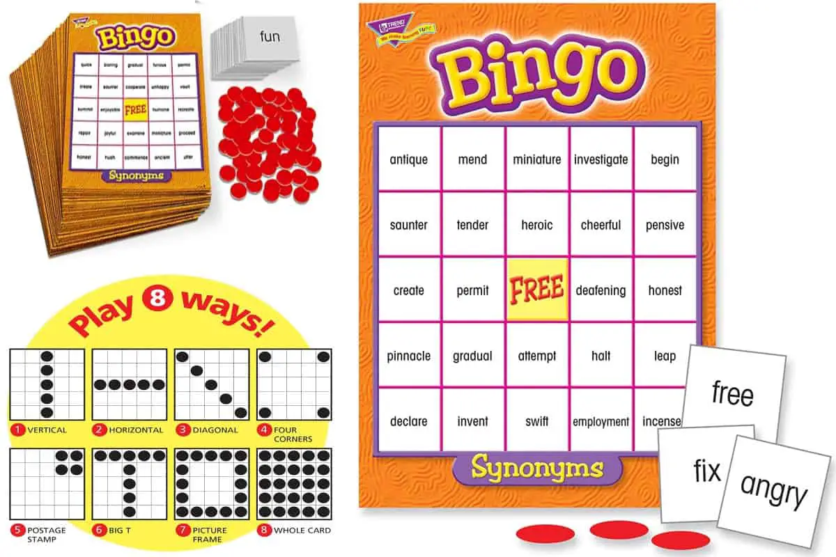 Synonyms Bingo (Trend Enterprises), a game that teaches your child 37 new vocabulary words.