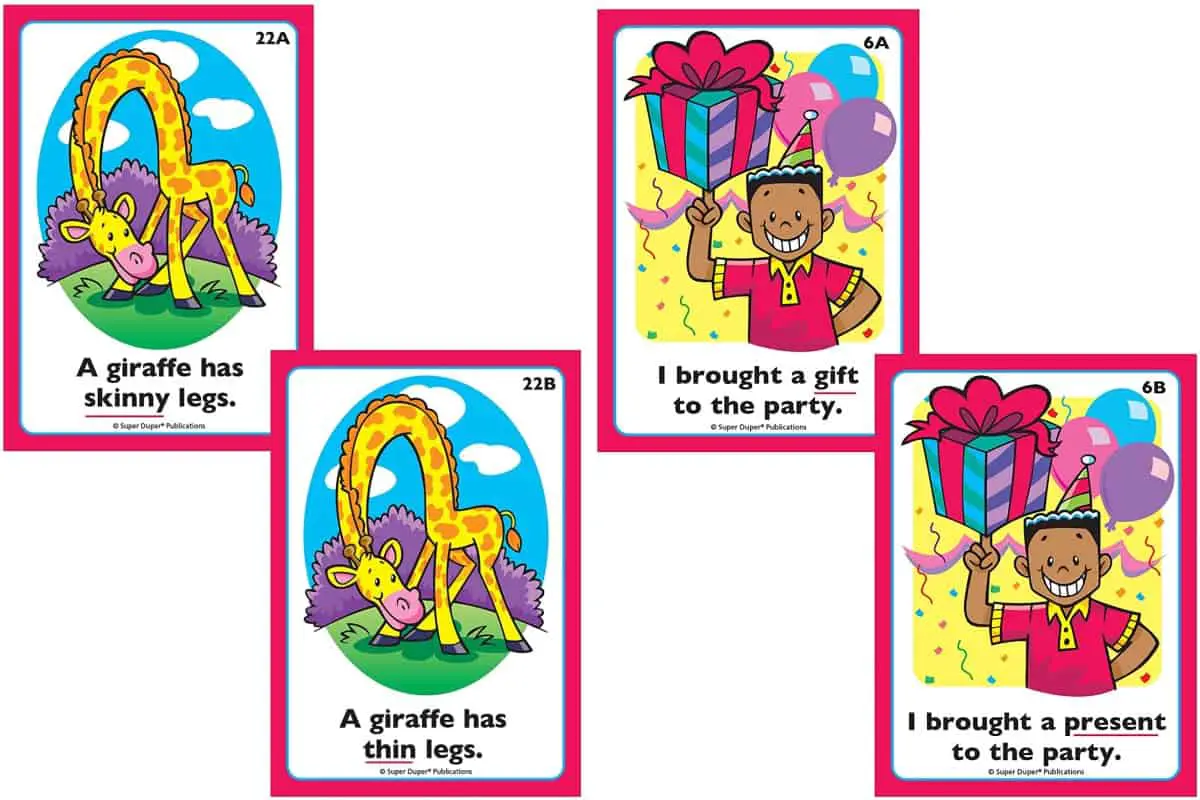 Synonyms (Super Duper Publications), a card game to help children build their vocabulary by understanding synonyms.