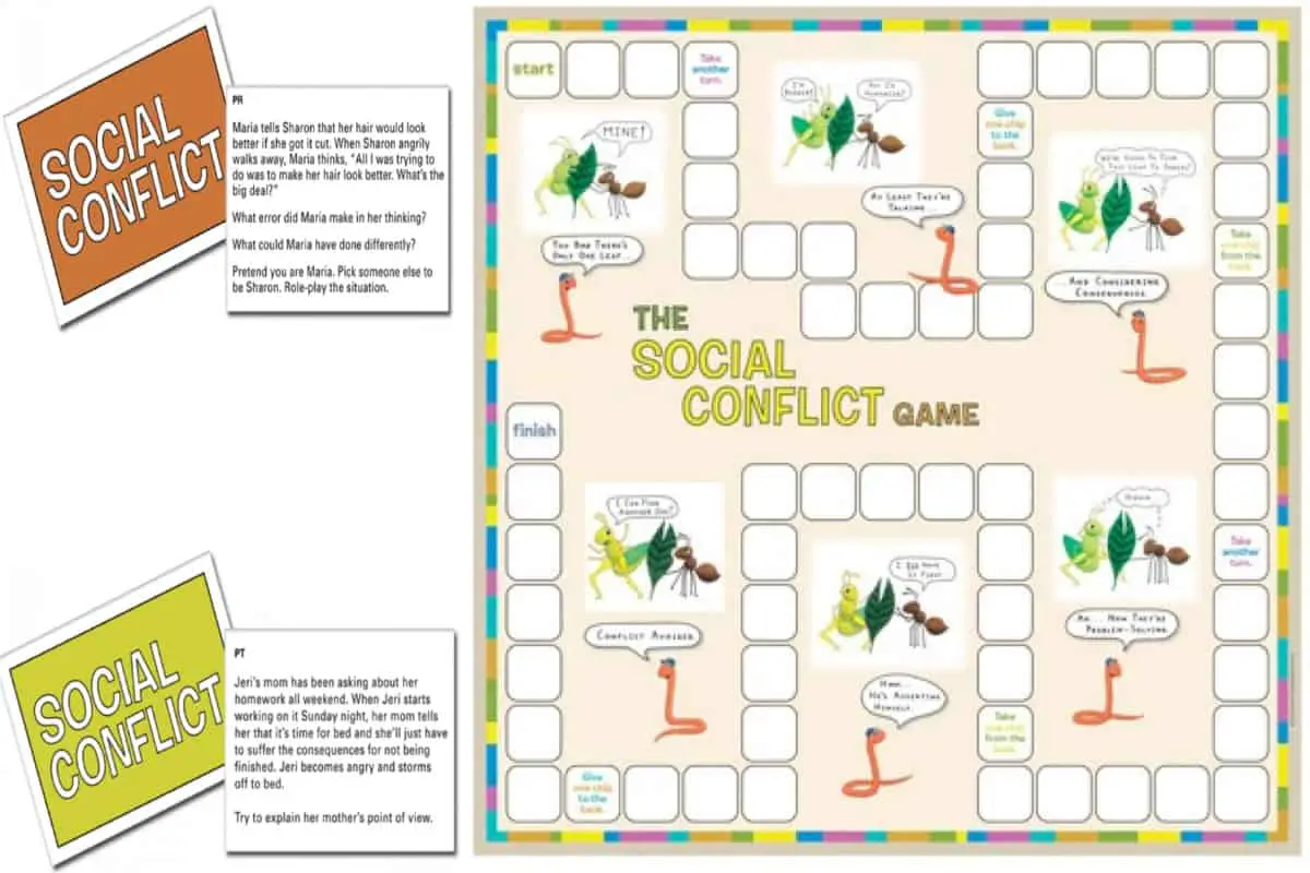 The Social Conflict Game (Creative Therapy) that teaches seven cognitive and behavioral conflict resolution skills 