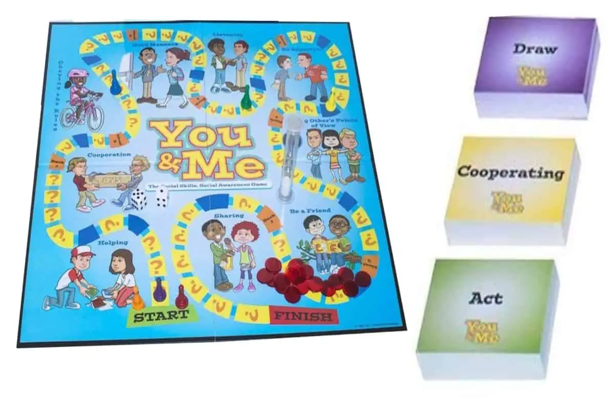 You & Me (Childswork Childsplay) is a cooperative  game that Teaches Social Skills and Social Awareness.