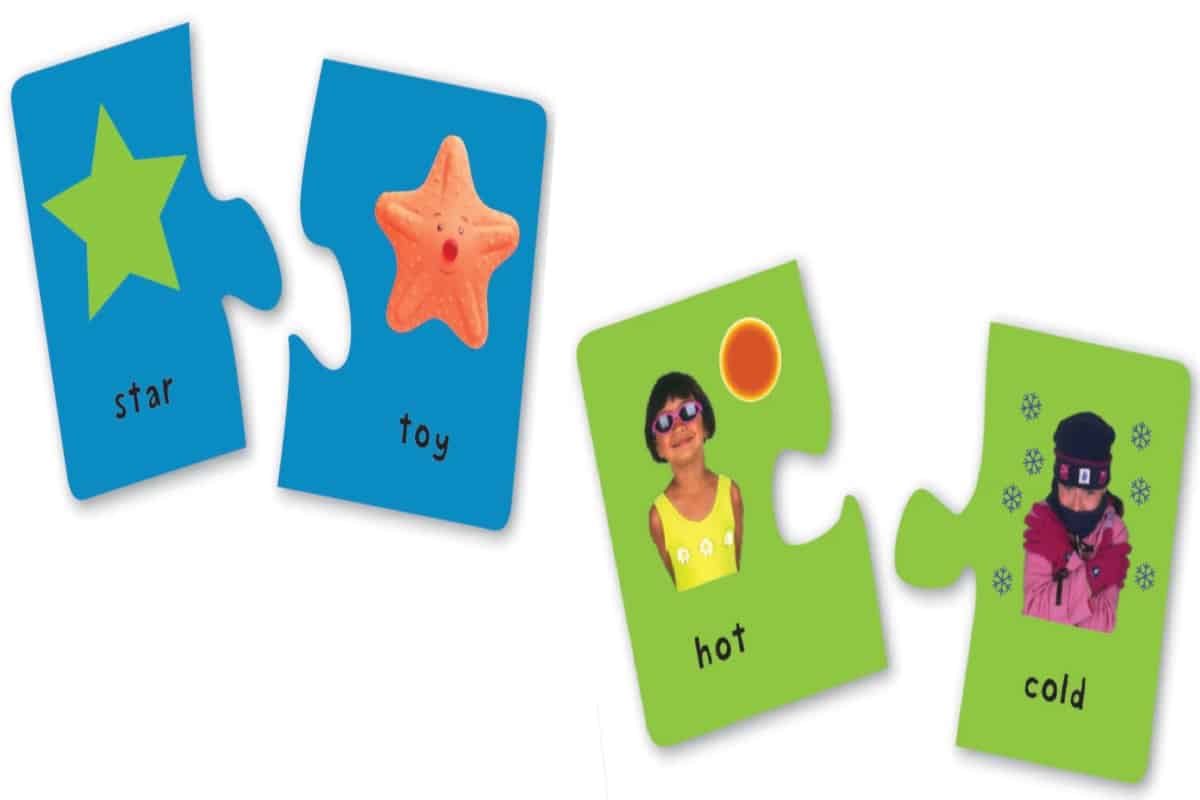 First 100: Shapes & Opposites Puzzle Cards (Briarpatch) is a game that teaches vocabulary, counting, shapes, and much more.